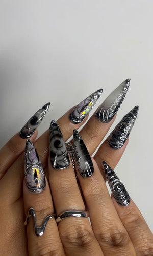 Long Black Stiletto Press On Nails | 3D Chrome Gothic Nail Set | Holographic Abstract Fake Nails OB463L