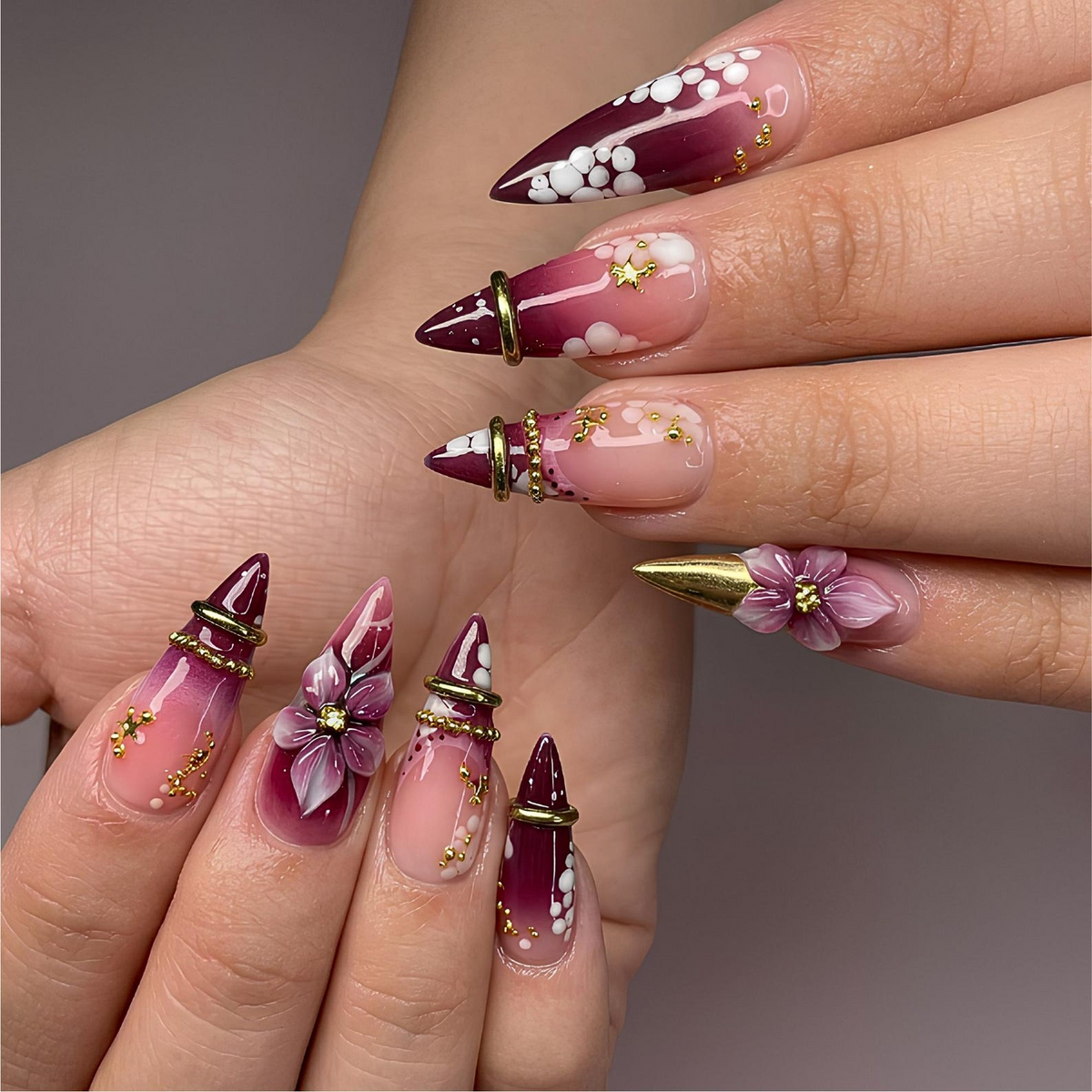 Burgundy Floral Press On Nails | 3D Flower Gold Ring Nails | Coquette Cherry Blossom Nails | Luxury Handmade Stiletto Nail Set | OB1378U