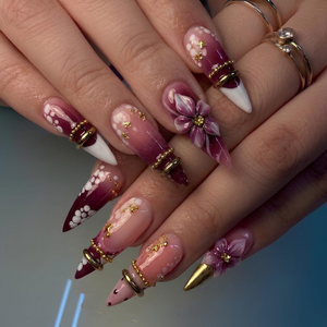 Burgundy Floral Press On Nails | 3D Flower Gold Ring Nails | Coquette Cherry Blossom Nails | Luxury Handmade Stiletto Nail Set | OB1378U