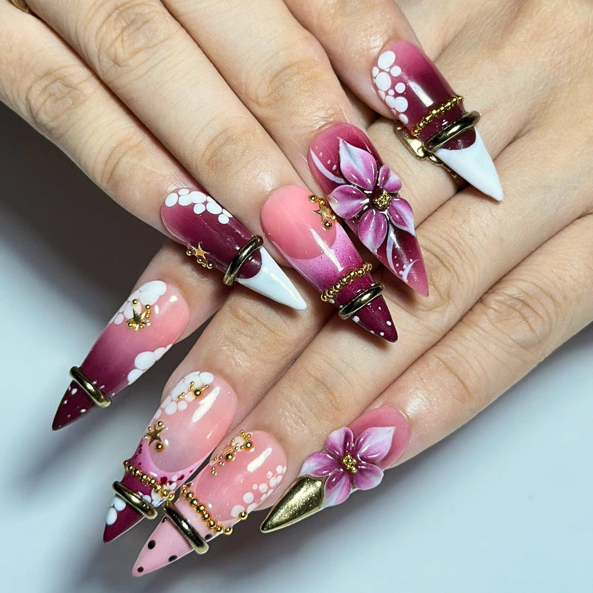 Burgundy Floral Press On Nails | 3D Flower Gold Ring Nails | Coquette Cherry Blossom Nails | Luxury Handmade Stiletto Nail Set | OB1378U