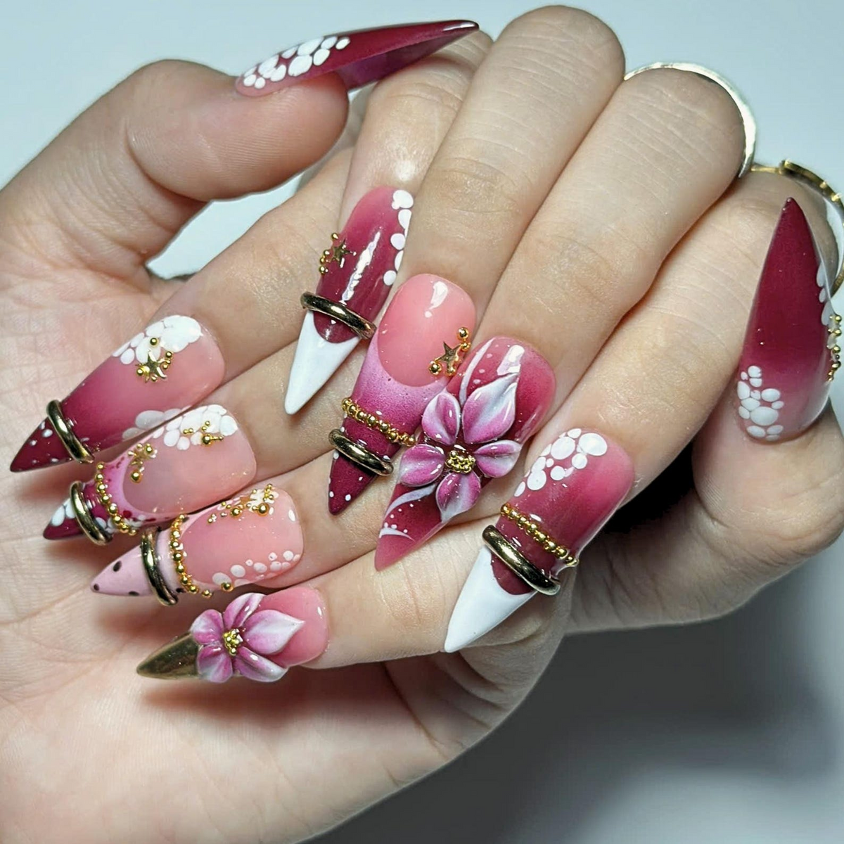 Burgundy Floral Press On Nails | 3D Flower Gold Ring Nails | Coquette Cherry Blossom Nails | Luxury Handmade Stiletto Nail Set | OB1378U