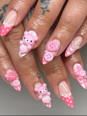 Pink Korilakkuma Picnic Press On Nails by Faithsfullsets | 3D Gingham & Heart Button Kawaii Nails | OA06LF