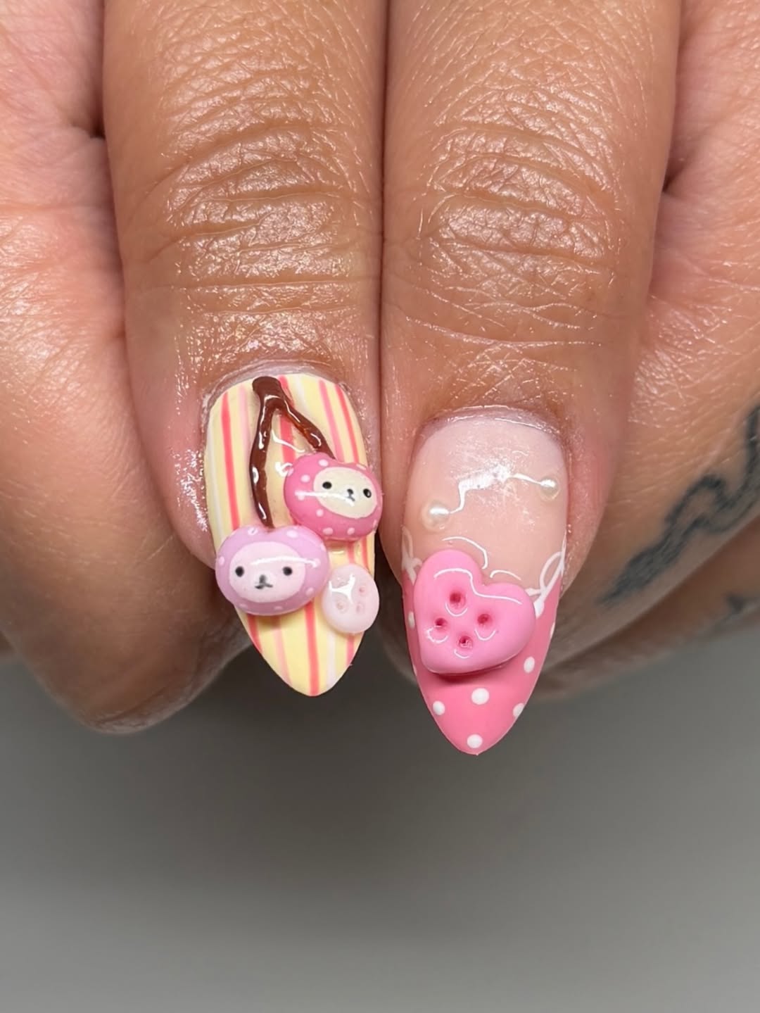 Pink Korilakkuma Picnic Press On Nails by Faithsfullsets | 3D Gingham & Heart Button Kawaii Nails | OA06LF