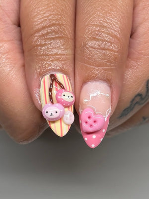 Pink Korilakkuma Picnic Press On Nails by Faithsfullsets | 3D Gingham & Heart Button Kawaii Nails | OA06LF