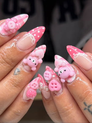 Pink Korilakkuma Picnic Press On Nails by Faithsfullsets | 3D Gingham & Heart Button Kawaii Nails | OA06LF