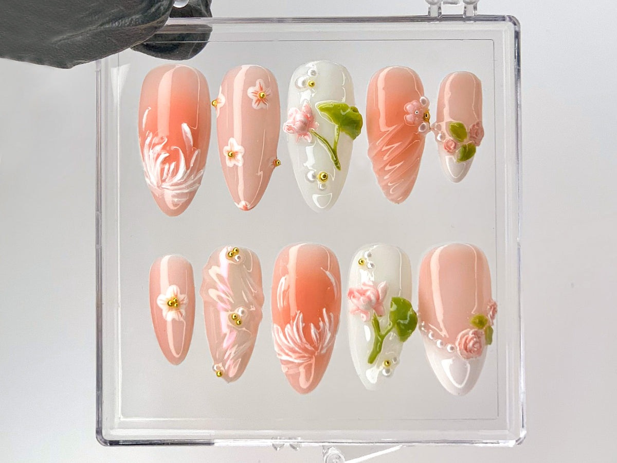 Sophisticated Lotus Flower Press On Nails |  3D Pink and White Lotus Acrylic Nails | Handcrafted Lotus Blossom Nail Art | Soft Nail |OC545YL