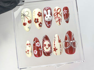 Adorable 3D Bunny Press On Nails | Hand-Painted Kawaii Bunny And Bow Acrylic Nails | Cherry Blossom Nail Art | Cute Kawaii Nails | OC537Y
