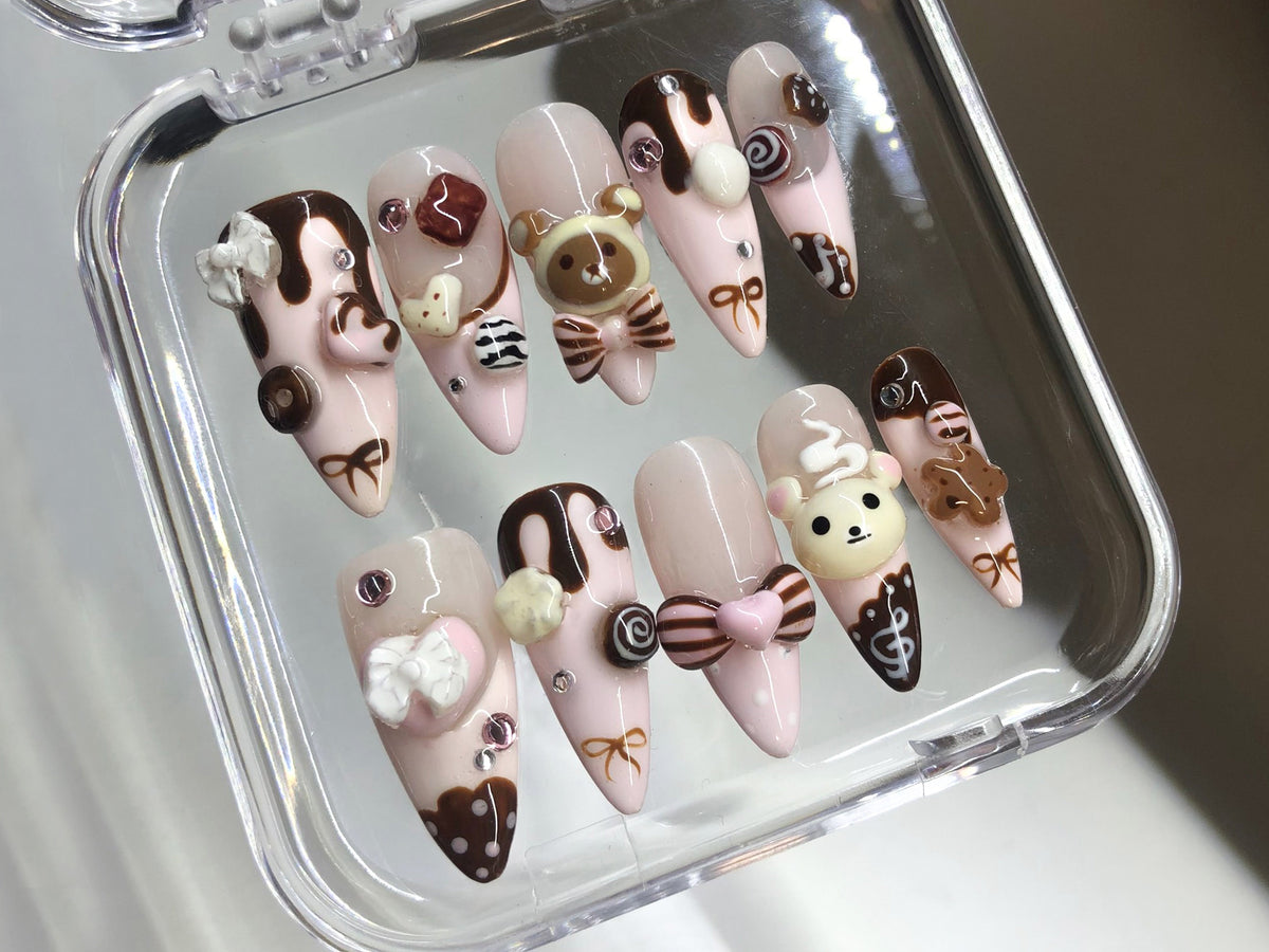 Cute Dessert Press On Nails | 3D Sweets And Bear Designs with Bow Fake Nails | 3D Chocolate, Candy Acrylic Nails | Kawaii Nails | OB549Y