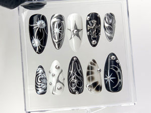Elegant Gothic Press On Nails | 3D Designs with Cross, Star, Spiral Acrylic Nails | Monochrome Nail Art | Y2k Nails | Custom Nails | OC552YL