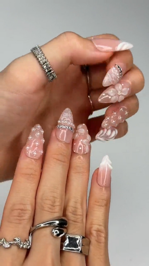 Pink Press On Nails Almond • Bridal Shower Gift Idea • Coquette Pearl Bow 3D Flower Lace Handmade Fake Nails Elegant Style| OB424LK