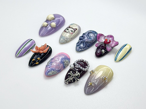 Whimsical Violet Press On Nails | 3D Cat & Orchid Nail Art | Abstract Swirl Gothic Pearl Nails | Handmade Nail Set| Artistic Nails | OB981HC