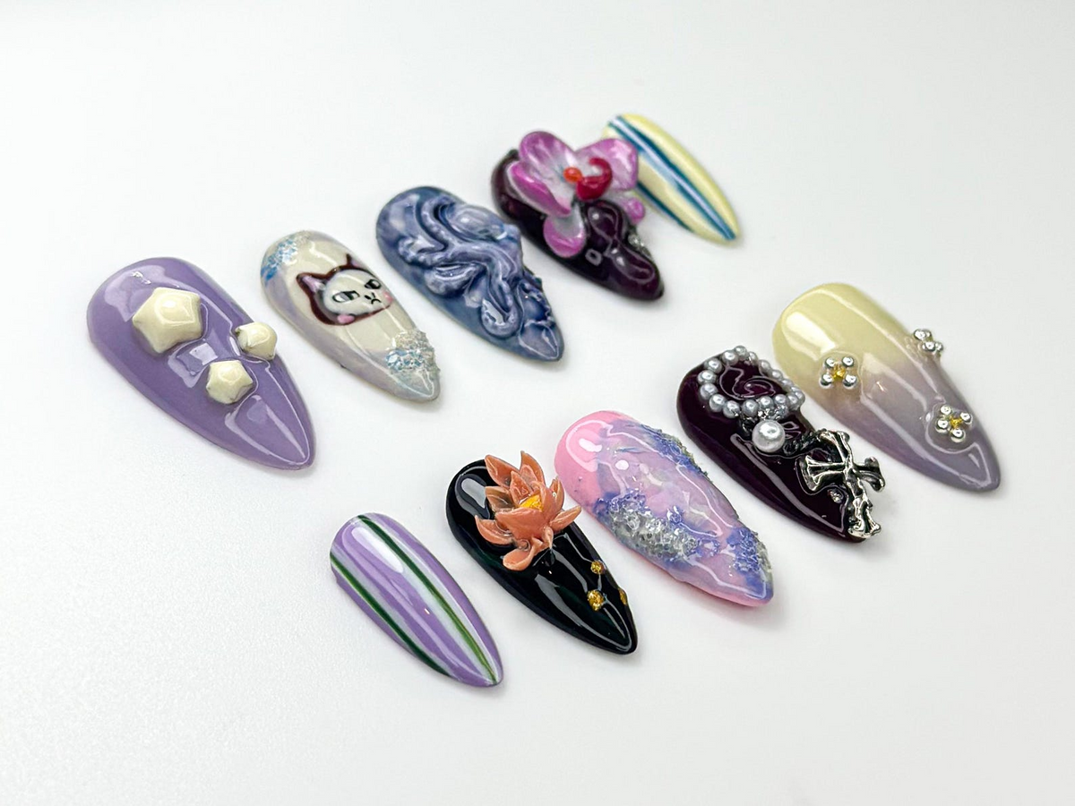 Whimsical Violet Press On Nails | 3D Cat & Orchid Nail Art | Abstract Swirl Gothic Pearl Nails | Handmade Nail Set| Artistic Nails | OB981HC
