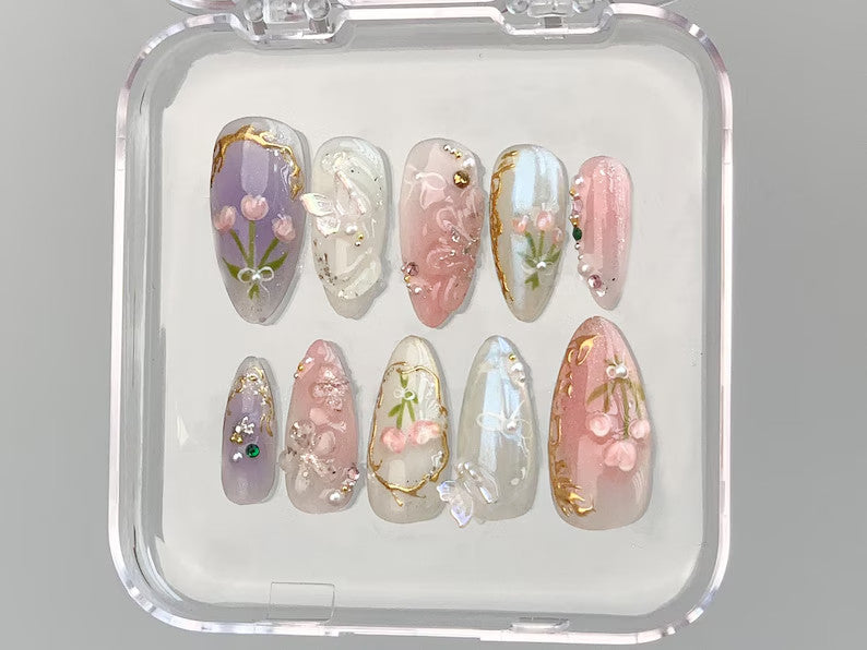 Dreamy Press On Nails Almond | Jelly Pastel Tulip Nail Art | 3D FairyCore Flower Press Ons | Romantic Nail Art in Fake Nails | OB347T