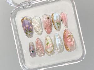 Dreamy Press On Nails Almond | Jelly Pastel Tulip Nail Art | 3D FairyCore Flower Press Ons | Romantic Nail Art in Fake Nails | OB347T