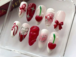 Whimsical Red Cherry Press On Nails | Elegant Bows & Cherries Nail Art | Playful Cherry Fake Nail | Stylish Bow Press Ons | OB489Y