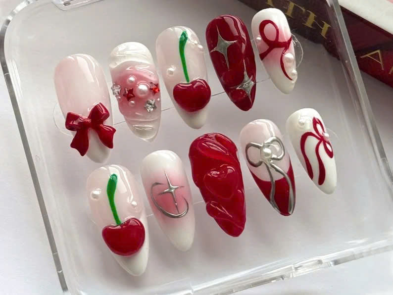 Whimsical Red Cherry Press On Nails | Elegant Bows & Cherries Nail Art | Playful Cherry Fake Nail | Stylish Bow Press Ons | OB489Y