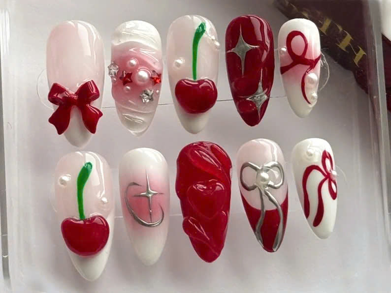 Whimsical Red Cherry Press On Nails | Elegant Bows & Cherries Nail Art | Playful Cherry Fake Nail | Stylish Bow Press Ons | OB489Y
