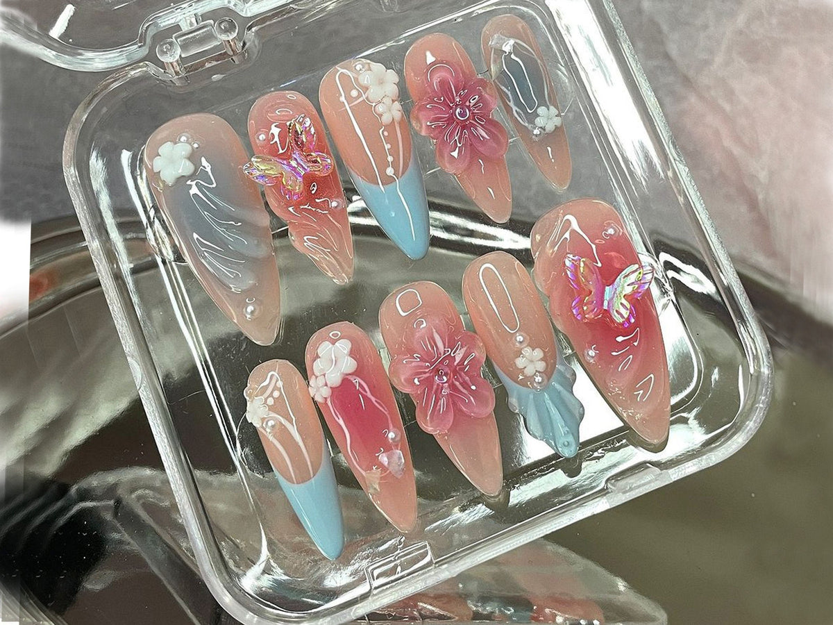 Spring Blossom Press On Nails | Stunning Floral Acrylic | Elegant Floral Nail Charm | Enchanted Garden Nail | Butterfly Whimsy Nail | OB475Y