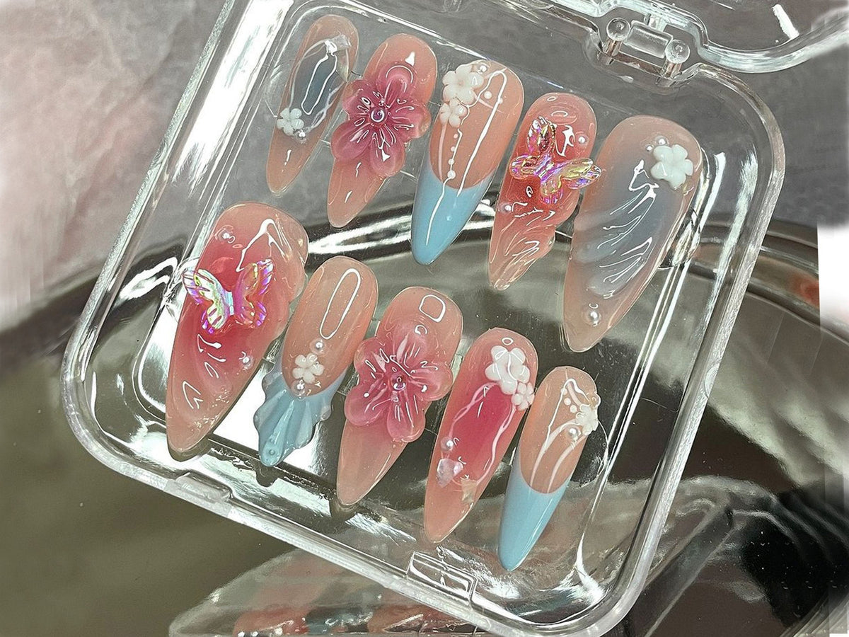 Spring Blossom Press On Nails | Stunning Floral Acrylic | Elegant Floral Nail Charm | Enchanted Garden Nail | Butterfly Whimsy Nail | OB475Y