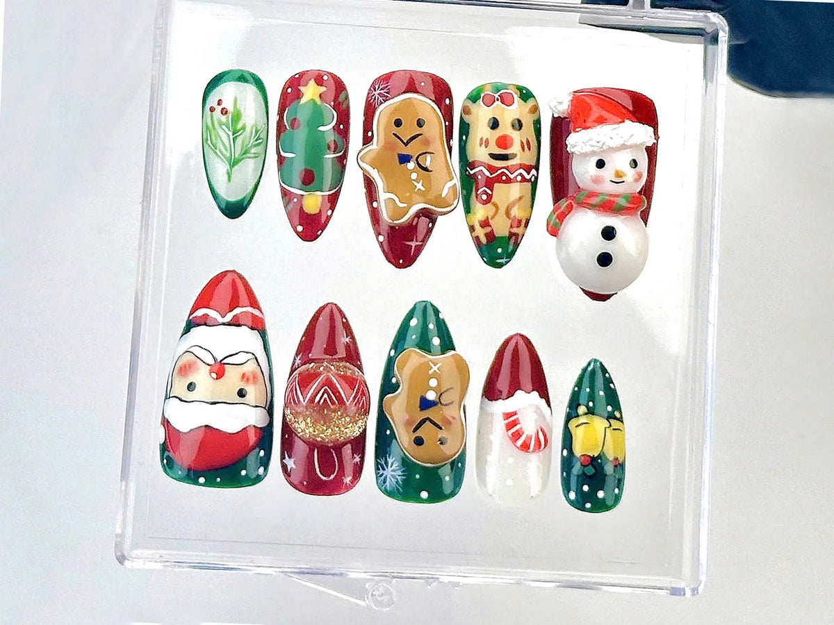 Festive Christmas Press On Nails | Santa And Snowman Fake Nails | Holiday Spirit Nail Art | Cute Gingerbread Acrylic Nails | Winter |OB619YK