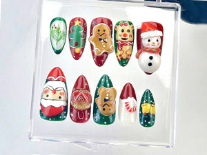 Festive Christmas Press On Nails | Santa And Snowman Fake Nails | Holiday Spirit Nail Art | Cute Gingerbread Acrylic Nails | Winter |OB619YK