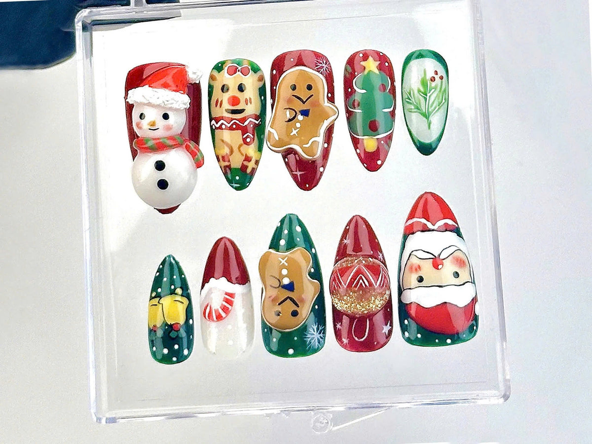 Festive Christmas Press On Nails | Santa And Snowman Fake Nails | Holiday Spirit Nail Art | Cute Gingerbread Acrylic Nails | Winter |OB619YK