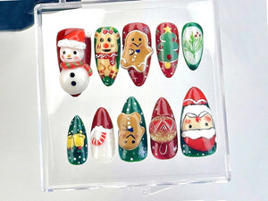 Festive Christmas Press On Nails | Santa And Snowman Fake Nails | Holiday Spirit Nail Art | Cute Gingerbread Acrylic Nails | Winter |OB619YK