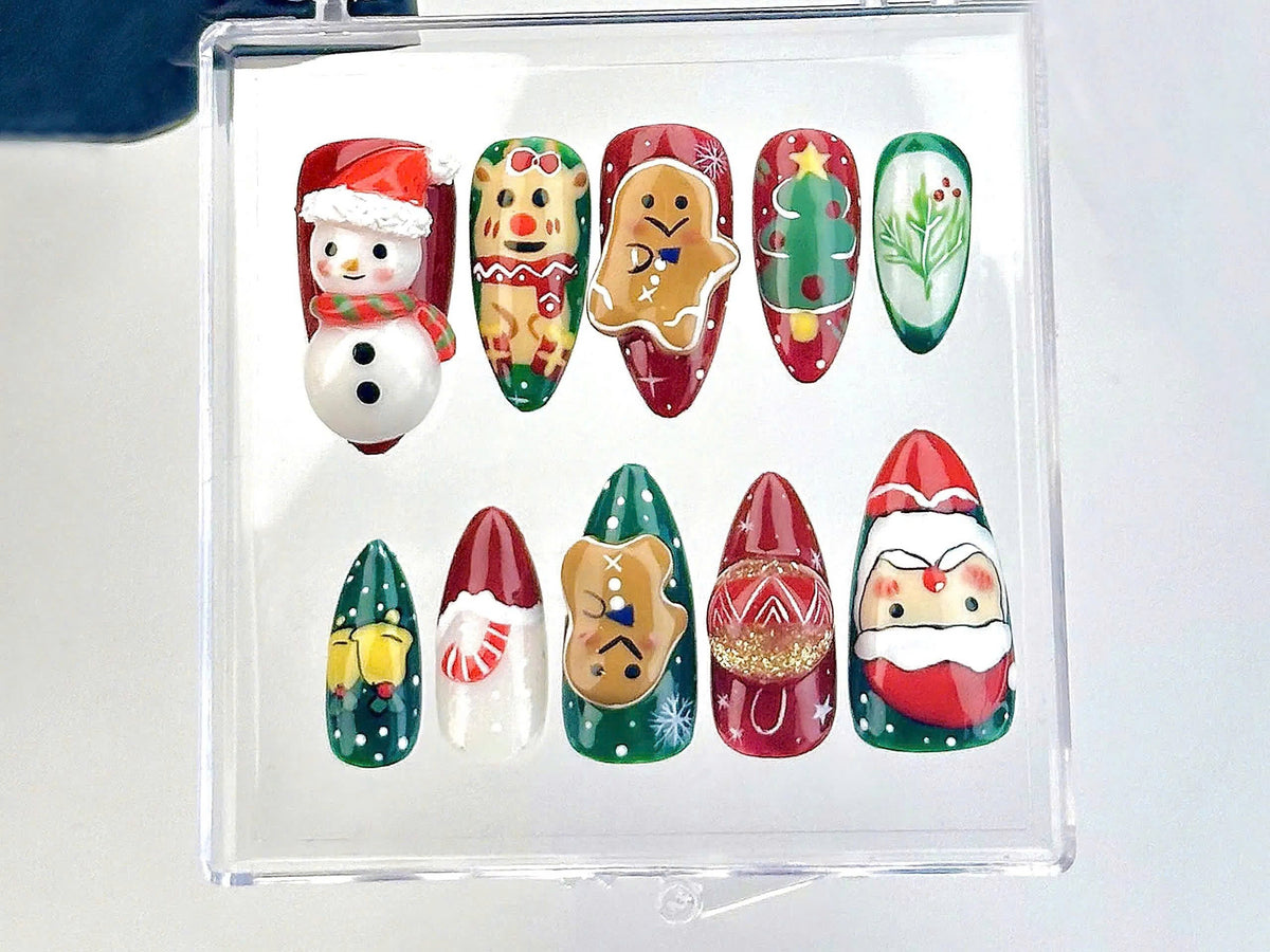 Festive Christmas Press On Nails | Santa And Snowman Fake Nails | Holiday Spirit Nail Art | Cute Gingerbread Acrylic Nails | Winter |OB619YK