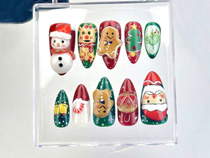 Festive Christmas Press On Nails | Santa And Snowman Fake Nails | Holiday Spirit Nail Art | Cute Gingerbread Acrylic Nails | Winter |OB619YK