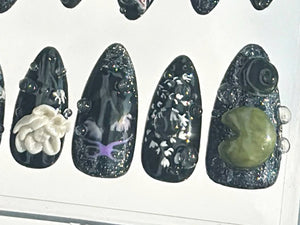 Mystical Midnight Garden Press On Nails | Crystals & Gemstones Fake nails| Dark Floral Fantasy Nail Art | Black Elegance Nails | OB638YC