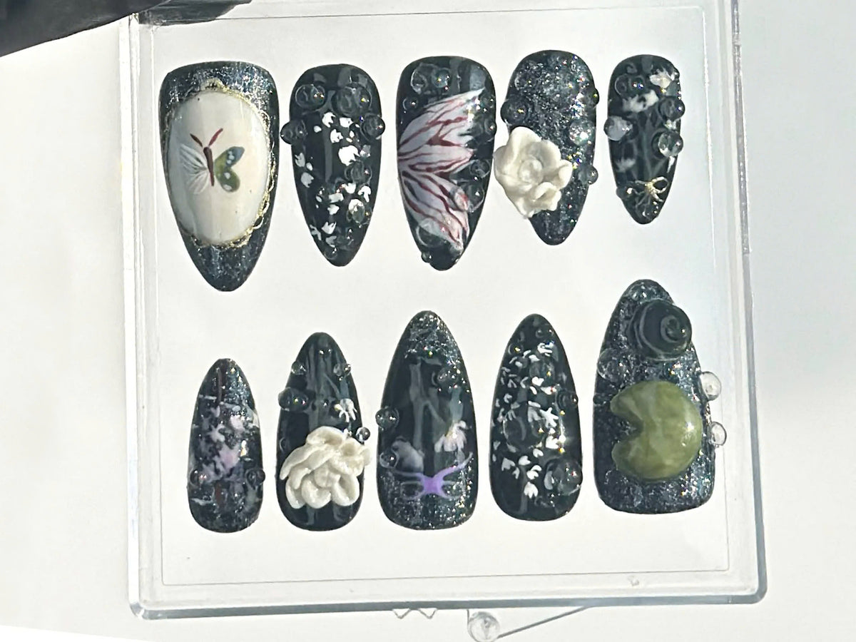 Mystical Midnight Garden Press On Nails | Crystals & Gemstones Fake nails| Dark Floral Fantasy Nail Art | Black Elegance Nails | OB638YC