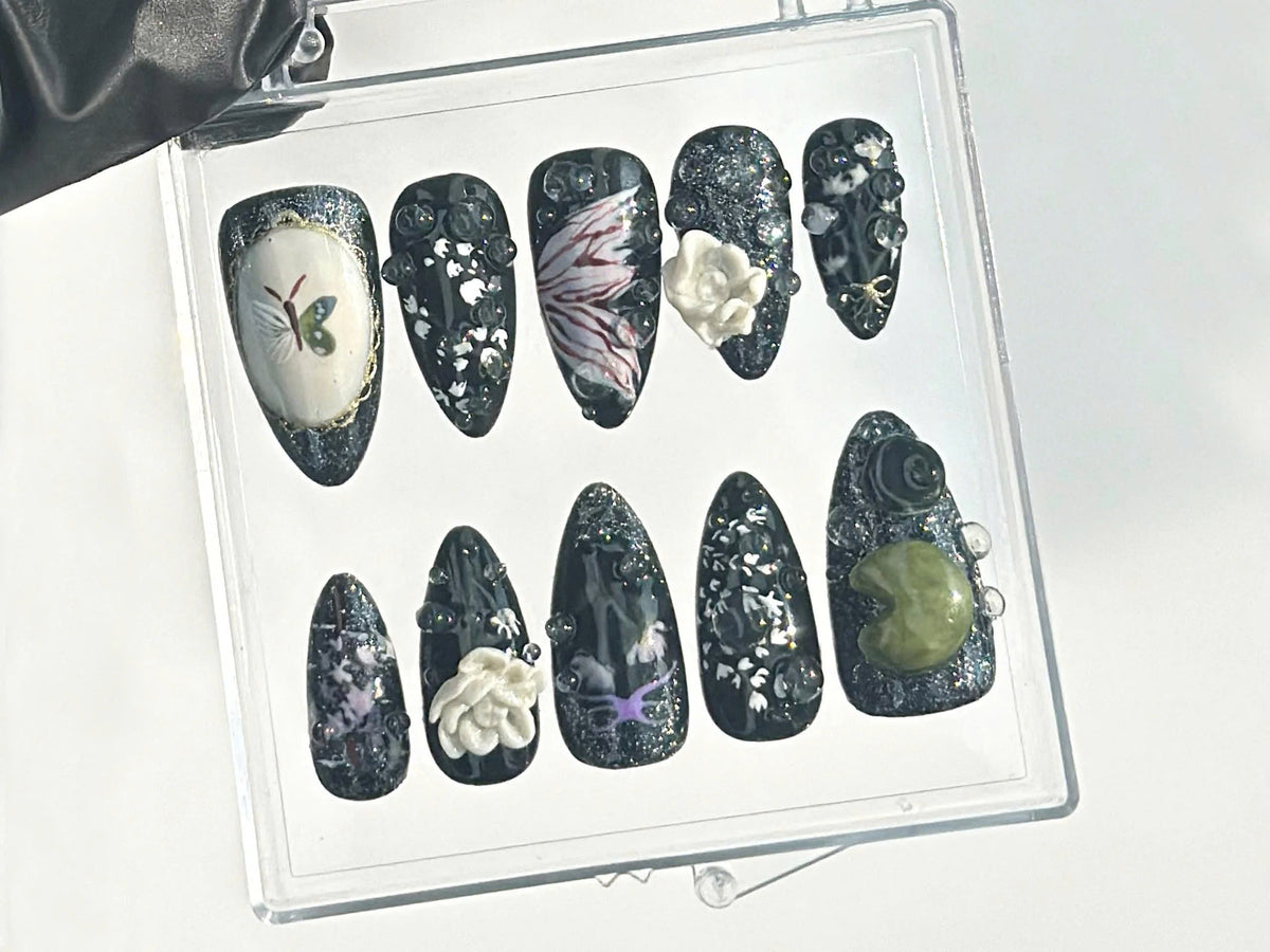 Mystical Midnight Garden Press On Nails | Crystals & Gemstones Fake nails| Dark Floral Fantasy Nail Art | Black Elegance Nails | OB638YC