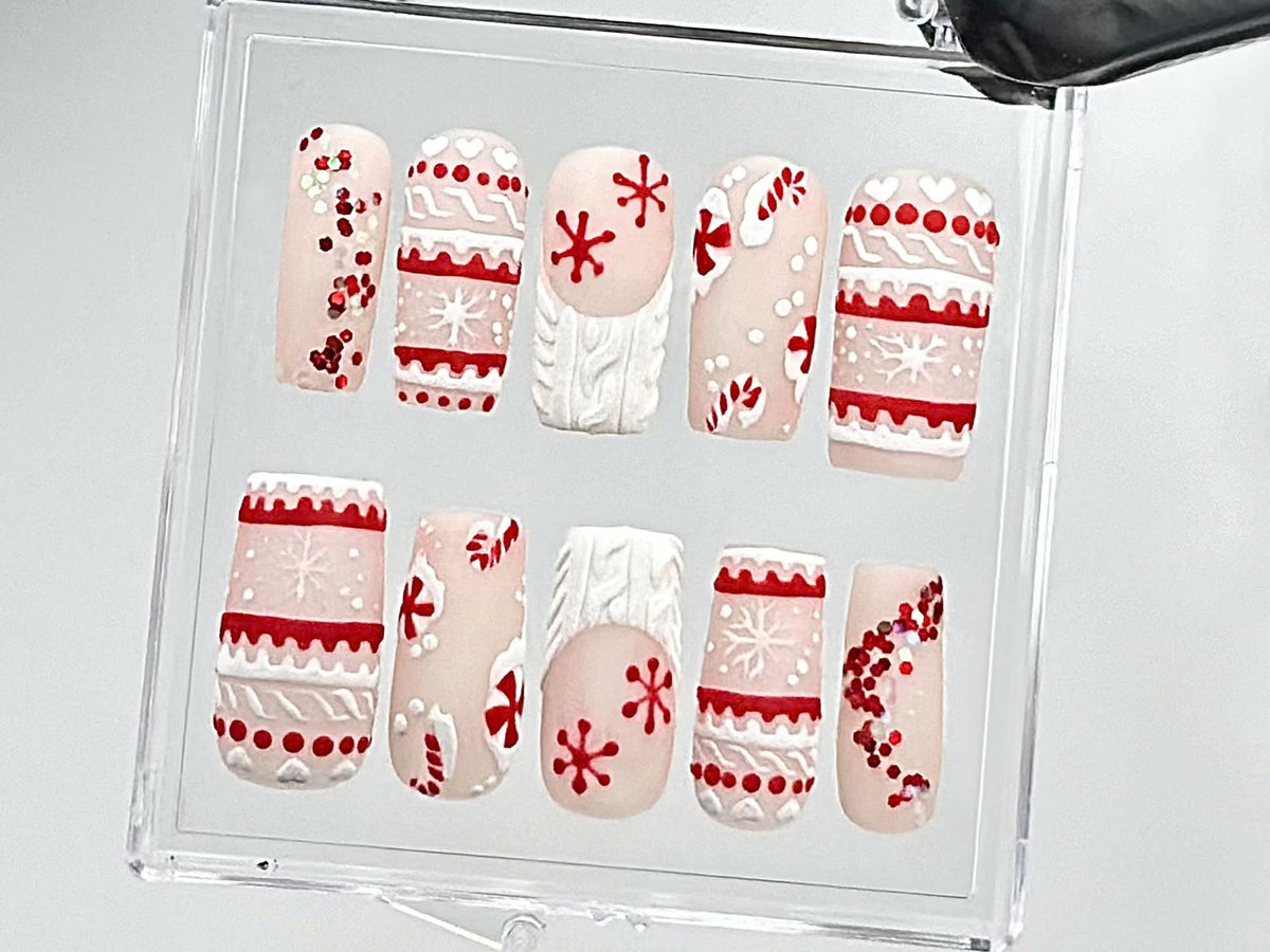 Matte Christmas Press On Nails | Handmade Winter Holiday Fake Nails | Candy Cane & Snowflake Nail Polish | Cozy Sweater Style Nails | OC669Y