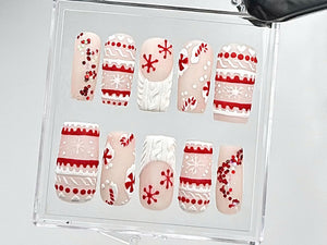 Matte Christmas Press On Nails | Handmade Winter Holiday Fake Nails | Candy Cane & Snowflake Nail Polish | Cozy Sweater Style Nails | OC669Y
