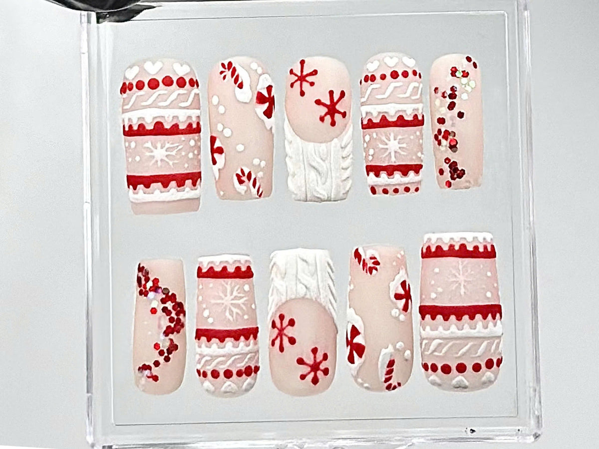Matte Christmas Press On Nails | Handmade Winter Holiday Fake Nails | Candy Cane & Snowflake Nail Polish | Cozy Sweater Style Nails | OC669Y