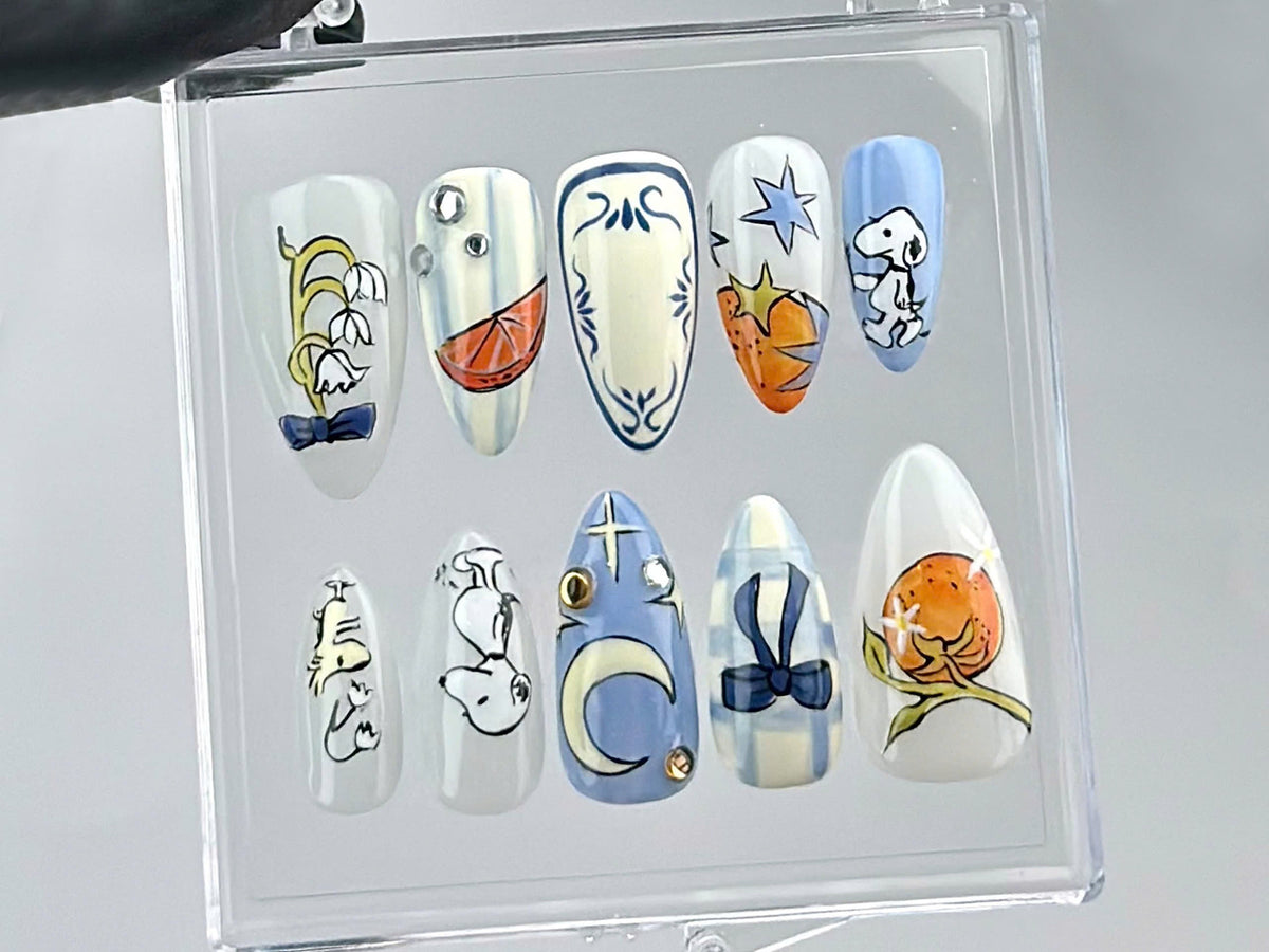 Snoopy Inspired Press On Nails | Artistic Snoopy and Moon Nail Art | Cartoon-Themed Fake Nails | Fun Cartoon Nail Polish | Cute Nails|OB676Y