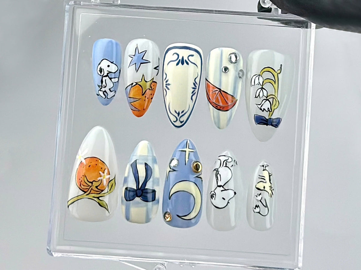Snoopy Inspired Press On Nails | Artistic Snoopy and Moon Nail Art | Cartoon-Themed Fake Nails | Fun Cartoon Nail Polish | Cute Nails|OB676Y
