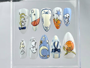 Snoopy Inspired Press On Nails | Artistic Snoopy and Moon Nail Art | Cartoon-Themed Fake Nails | Fun Cartoon Nail Polish | Cute Nails|OB676Y