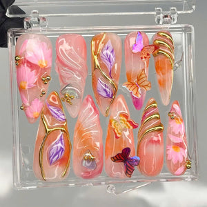 Luxury Summer Press On Nails | Whimsical Butterfly Nail Art | Vibrant Summer Fake Nails | Glossy Orange & Pink Nails | OB1002Y