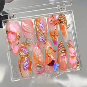 Luxury Summer Press On Nails | Whimsical Butterfly Nail Art | Vibrant Summer Fake Nails | Glossy Orange & Pink Nails | OB1002Y