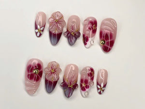 Elegant Floral Press-On Nails | Handcrafted Pink - Burgundy Gradient |3D Flowers - Rhinestone Accents| Perfect for Special Occasions|OC349SL