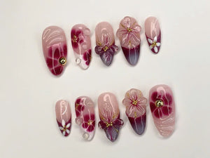 Elegant Floral Press-On Nails | Handcrafted Pink - Burgundy Gradient |3D Flowers - Rhinestone Accents| Perfect for Special Occasions|OC349SL