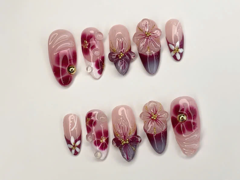 Elegant Floral Press-On Nails | Handcrafted Pink - Burgundy Gradient |3D Flowers - Rhinestone Accents| Perfect for Special Occasions|OC349SL